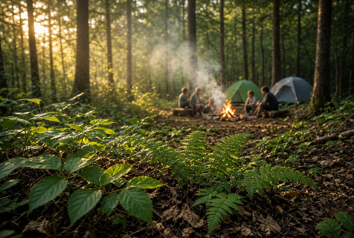 Children gathered around a campfire in a sunlit forest